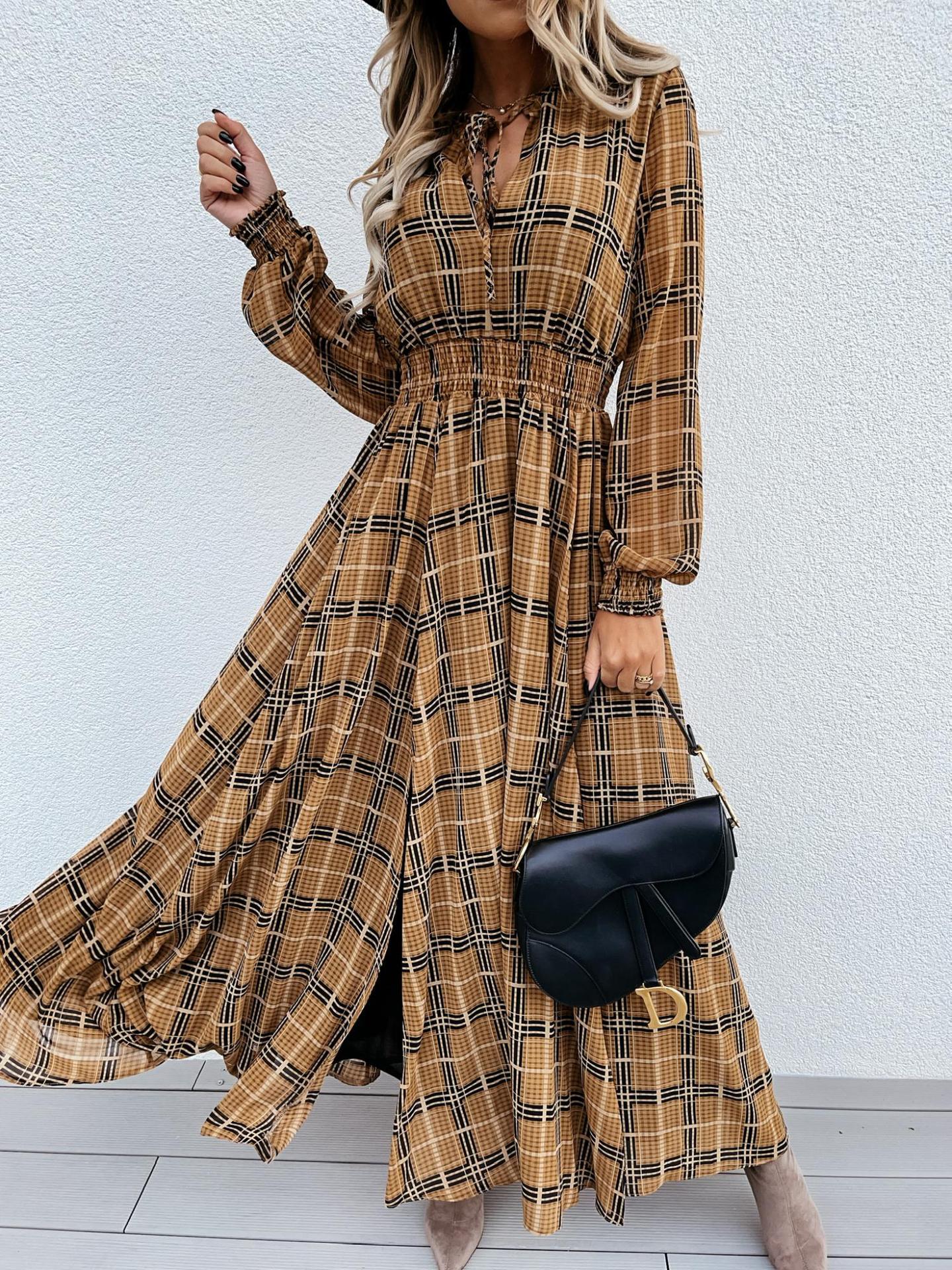Printed Checks Long Sleeve Waist Slit Dress