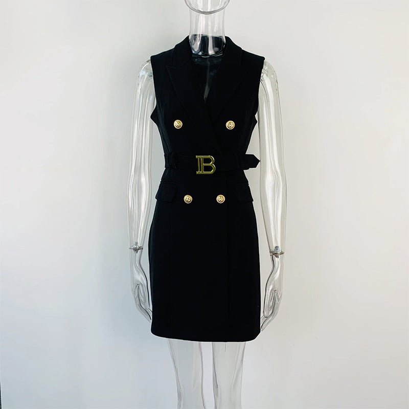 Waist Metal Buckle Elegant Slim Black Dresses