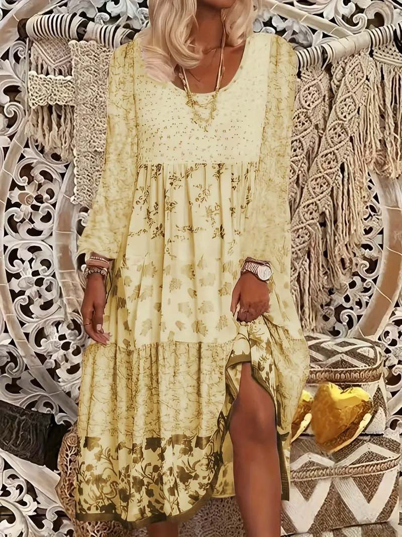 Casual Women's Long-sleeved Printed Round Neck Dress