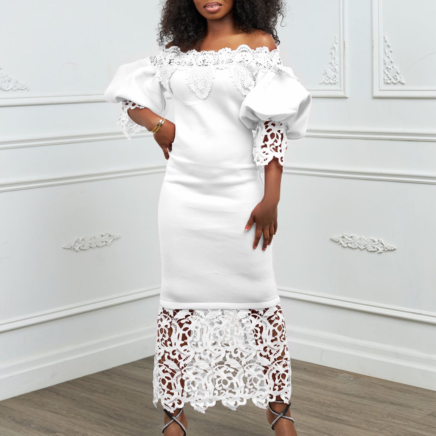 Women's Lace Stitching Banquet Lantern Sleeve Bridesmaid Dress