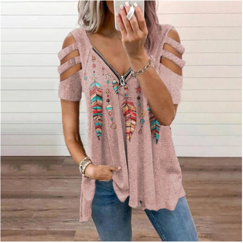Women's Collar Zipper Pullover Sleeve Loose T-shirt Blouses