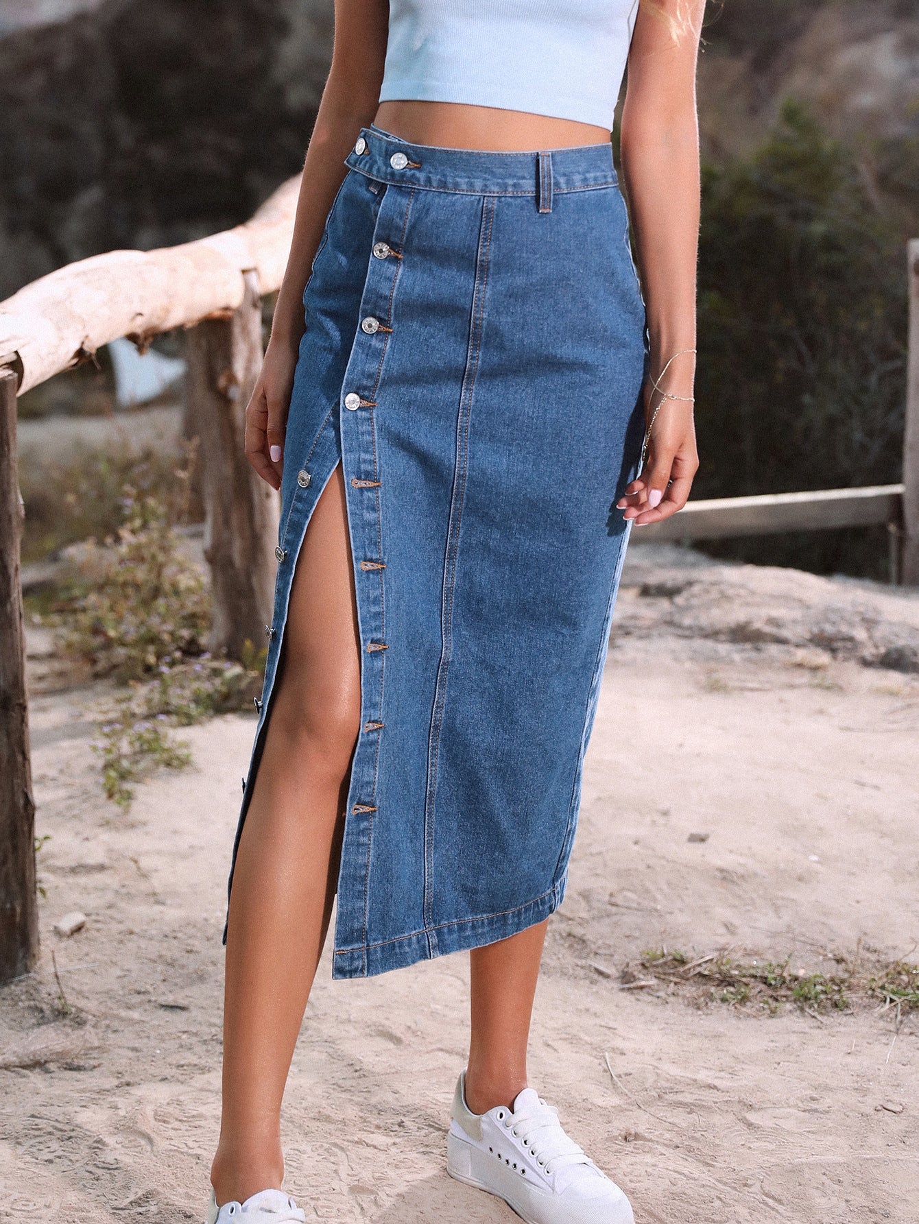 Women's Button Irregular Slit Denim High Waist Skirts