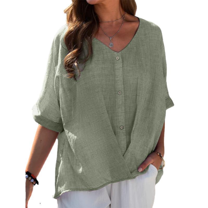 Women's Cotton Linen Pullover Sleeve Loose Shirt Blouses
