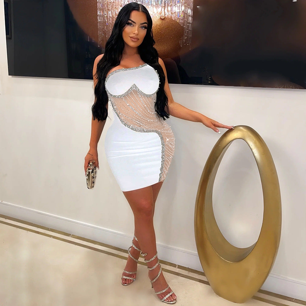 Women's Fashion Wear Pure Color Mesh Rhinestone Dress