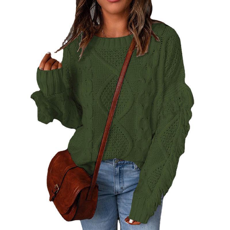 Women's Rhombus Tassel Solid Color Pullover Round Neck Sweater