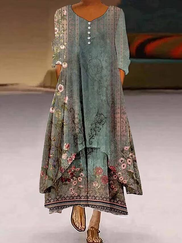 Women's Popular Printed Long-sleeved Hem Irregular Long Dress