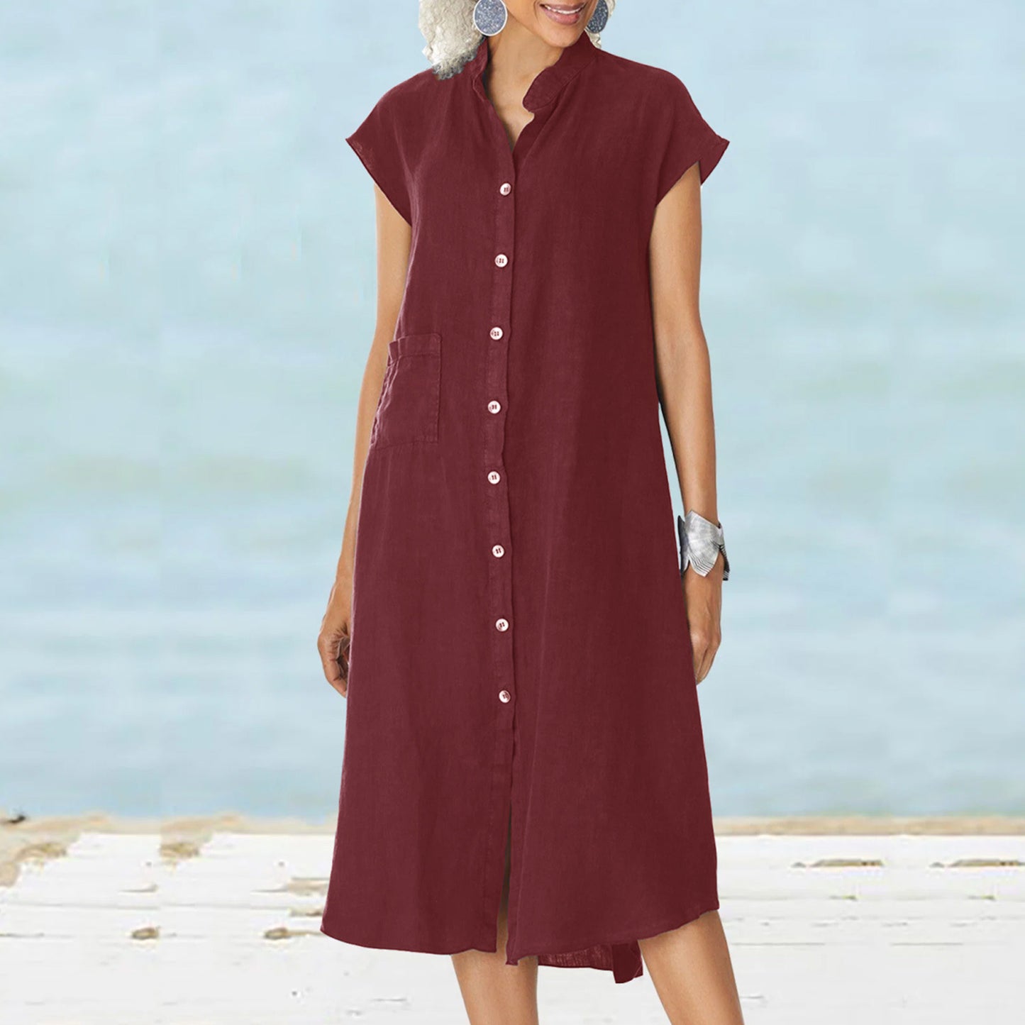 Collar Single-breasted Cotton Linen Pocket Dress Dresses