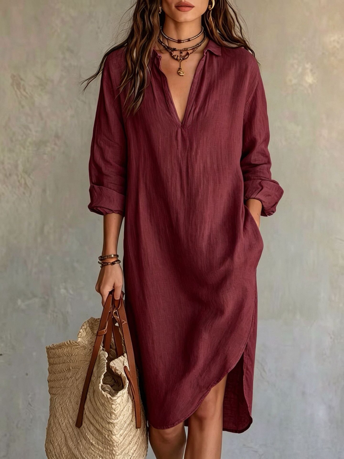 Fashion Shirt Loose Mid-length Slit Idle Style Seaside Dress