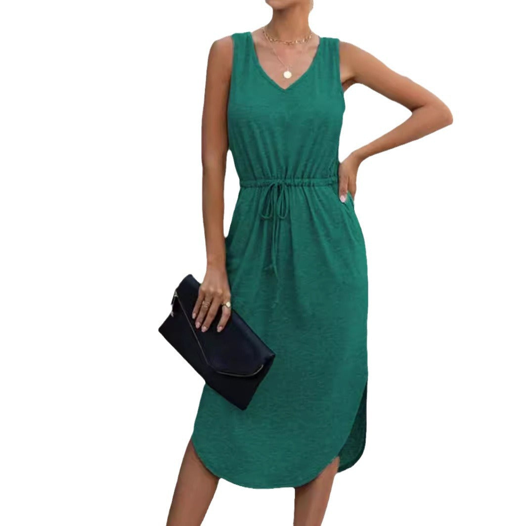 Women's Solid Color Irregular Cinched Round Neck Dress