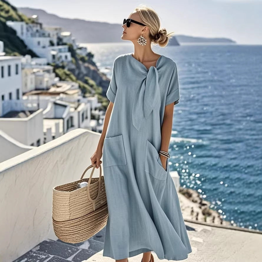Sleeve Bow Pocket Wide Hem Loose Dress