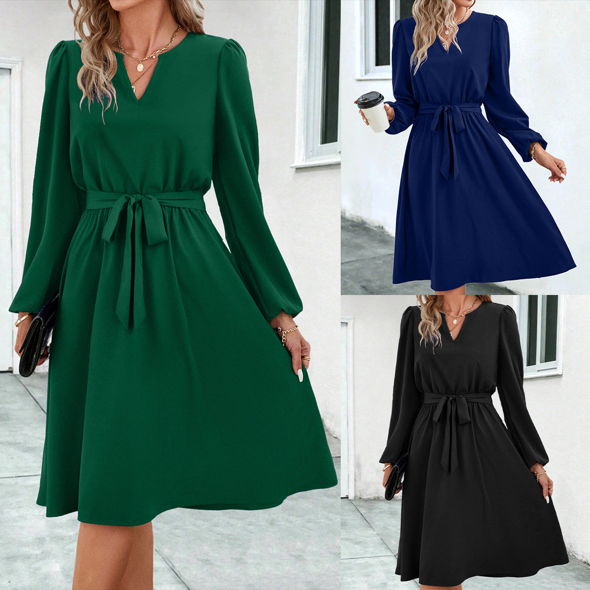 Fashion Women's Long-sleeved Small Lace Up Dress
