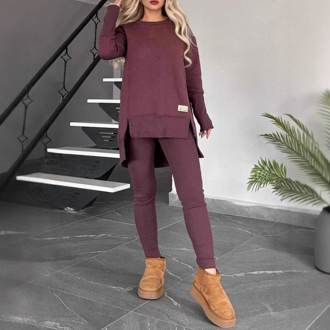 Women's Slit Long Sleeve Crew Neck Casual Suits