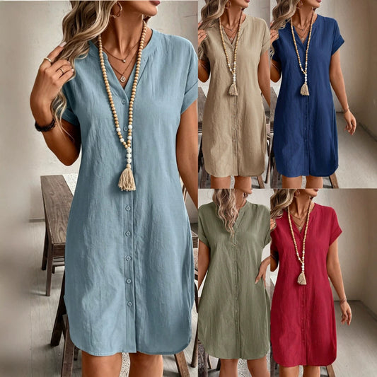 Women's Solid Color Short-sleeved Single-breasted Casual Seaside Dress