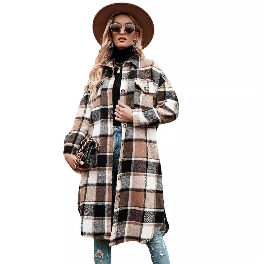 Women's Elegant Long Trench Lapel Pocket Plaid Coats