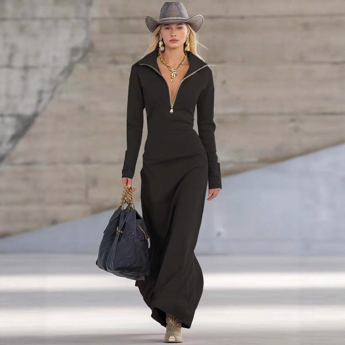 Women's Zipper Collar Casual Long-sleeved Dress Dresses