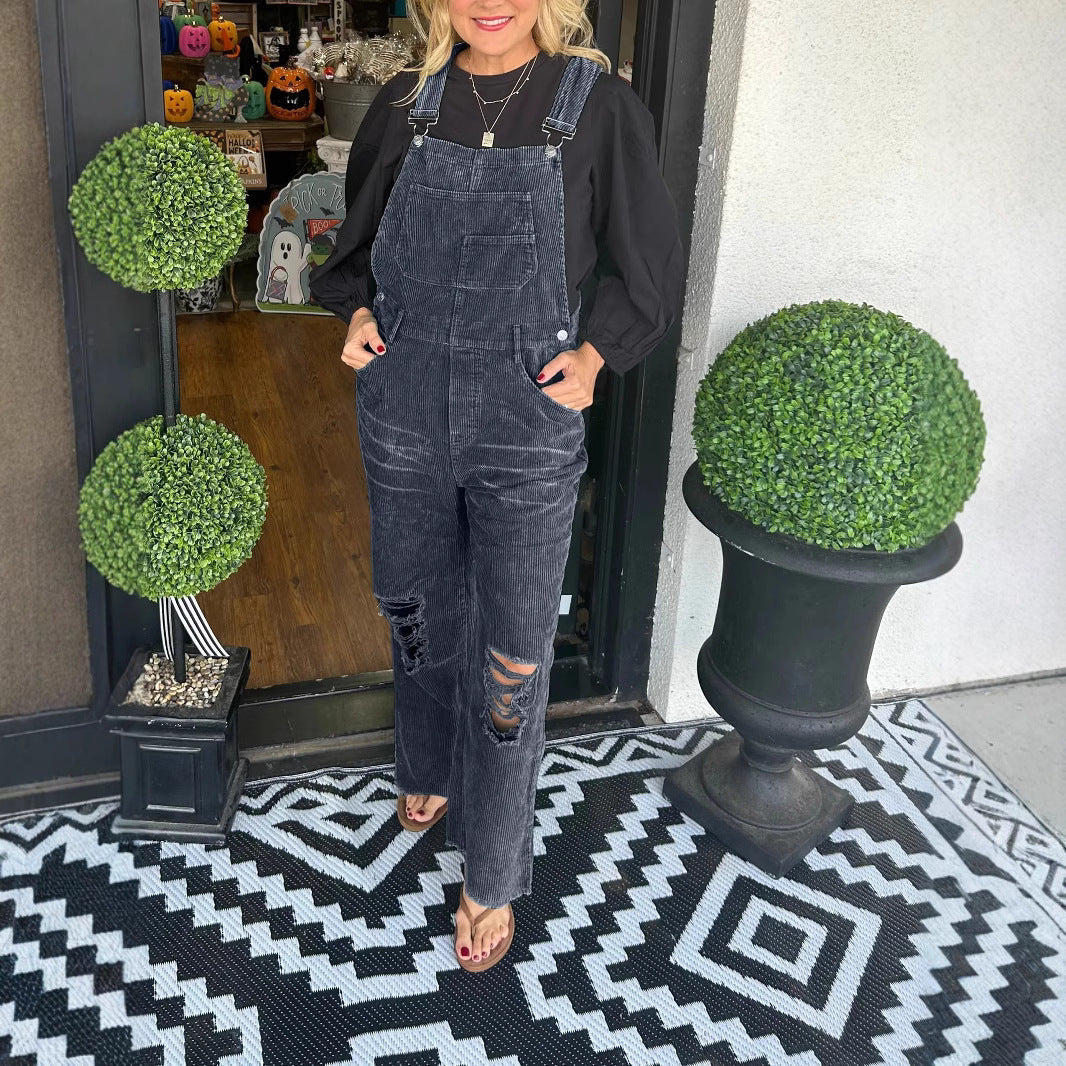 Women's Solid Color Corduroy Button Pocket Ripped Suits