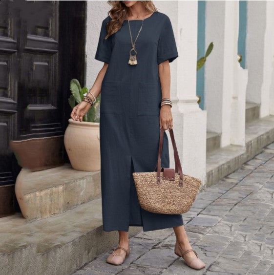 Women's Summer Cotton Linen Solid Color Loose Round Dresses