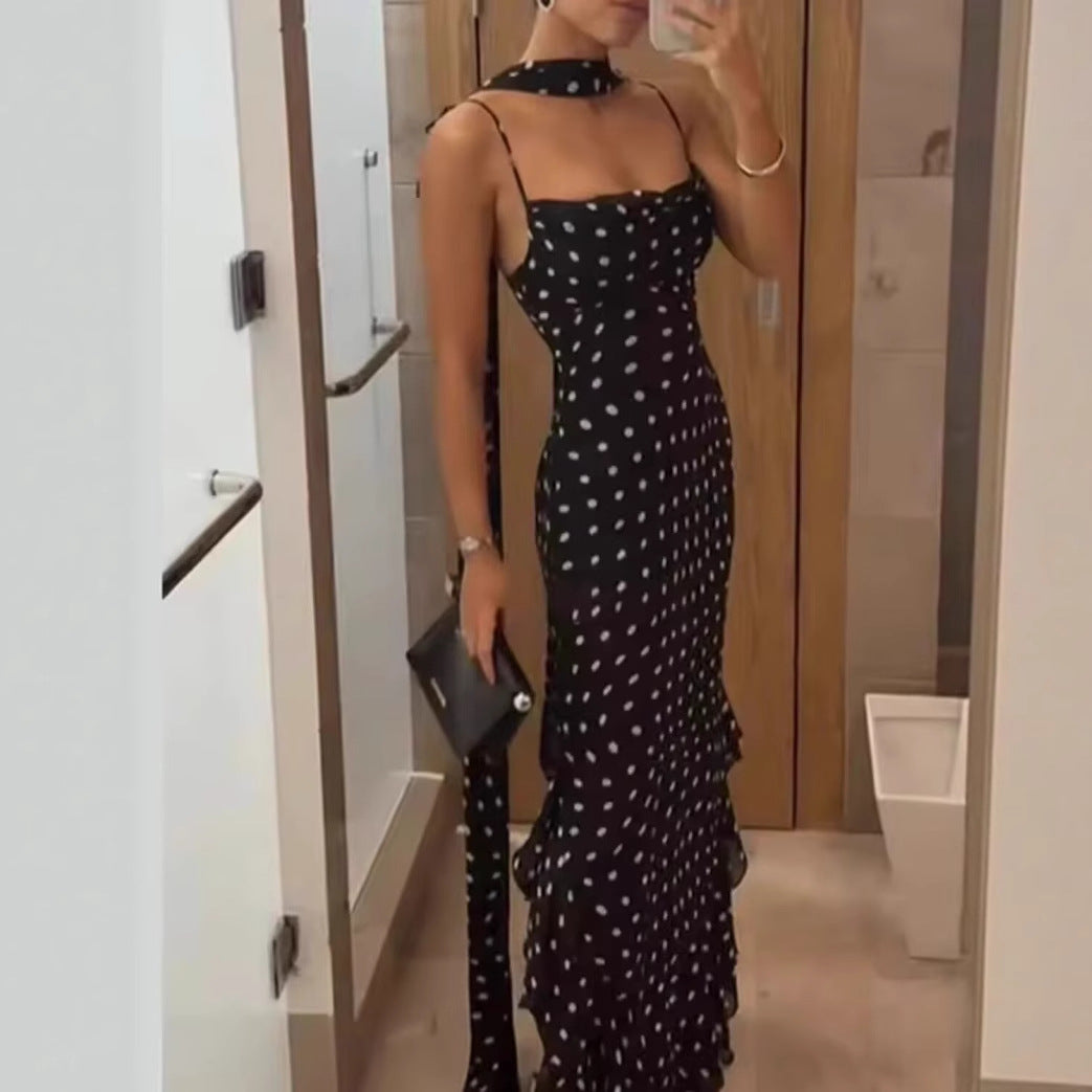Women's Ruffle Strap Polka Dot Scarf Dress Dresses