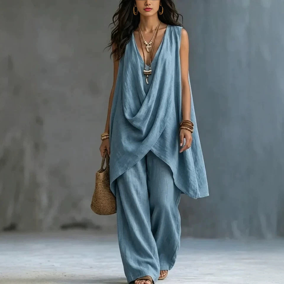 Women's Sleeveless Stand Collar Solid Color Loose Temperament Cotton Fashion Casual Suit
