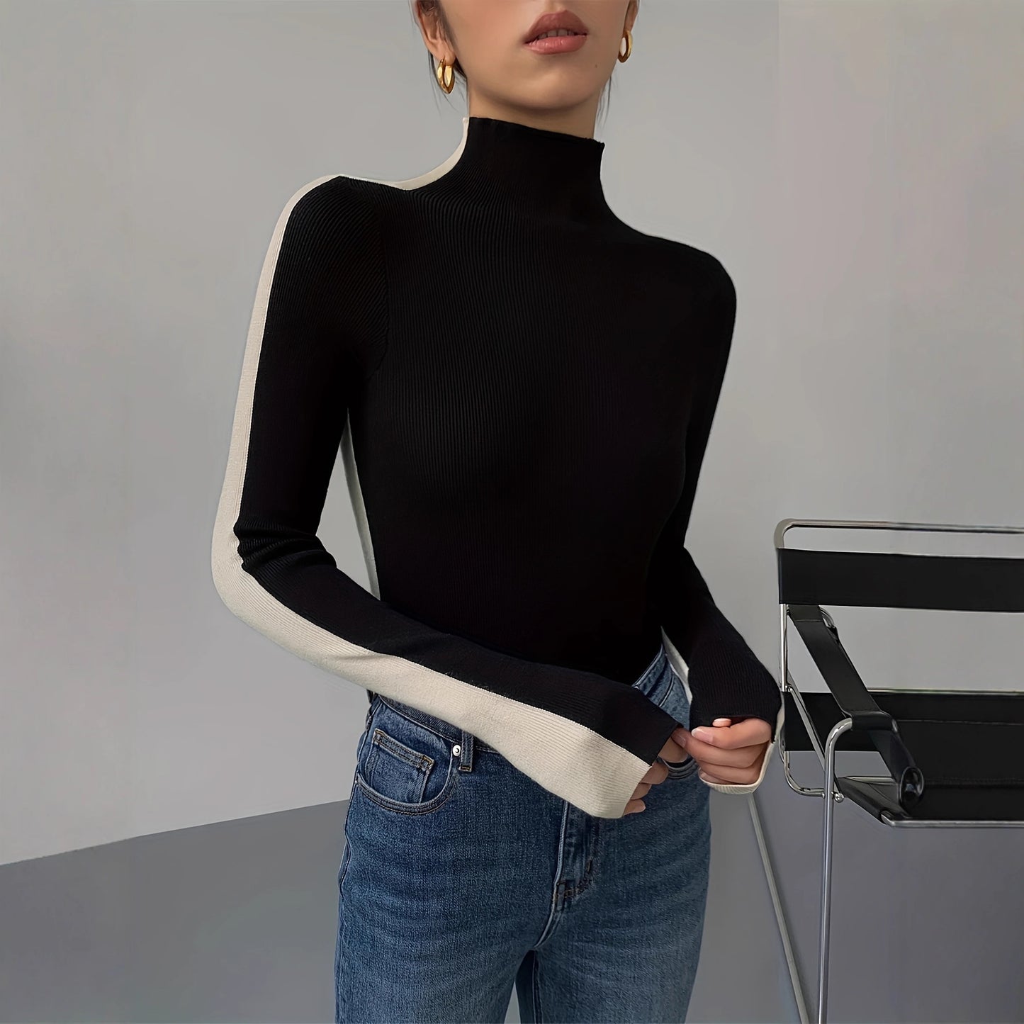 Small Stand Collar Knitted Long Sleeve Slim Fit Women's Sweater