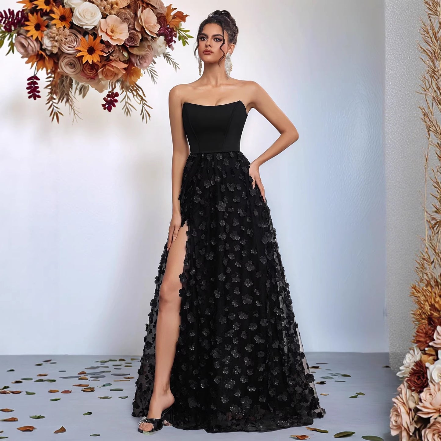 Type Three-dimensional Petals Mesh High Waist Side Slit Dress