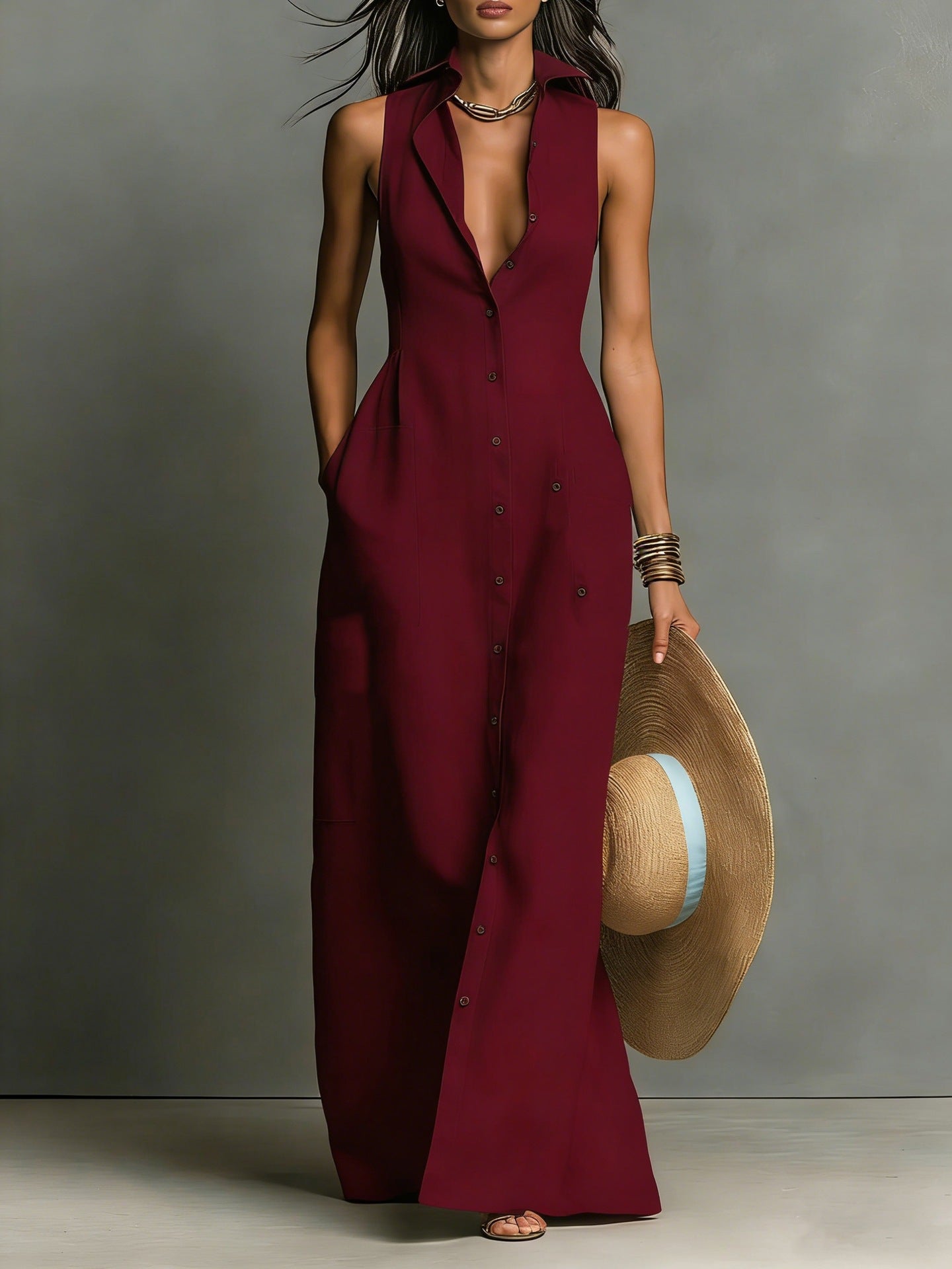 Classic Casual Summer Breasted Sleeveless Collar Dress
