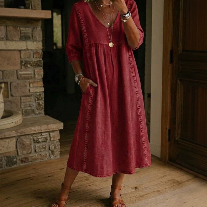 Casual Loose Stitching Lace Cotton Linen Dress