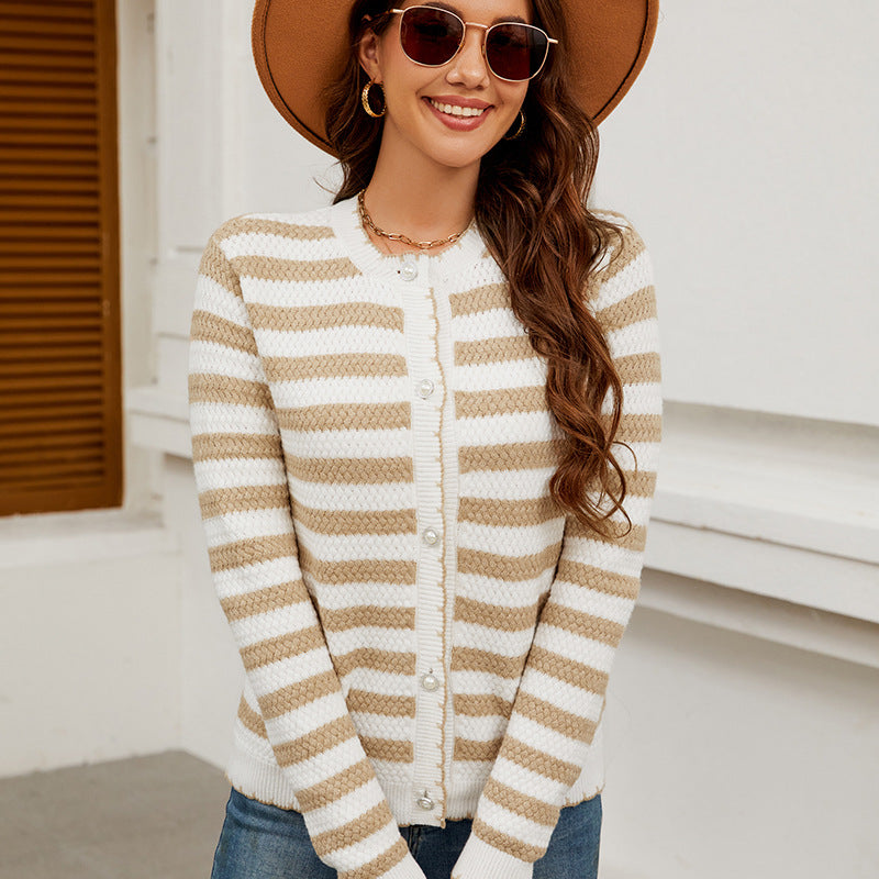 Women's Fashion Striped Button Knitted Xi Sweaters