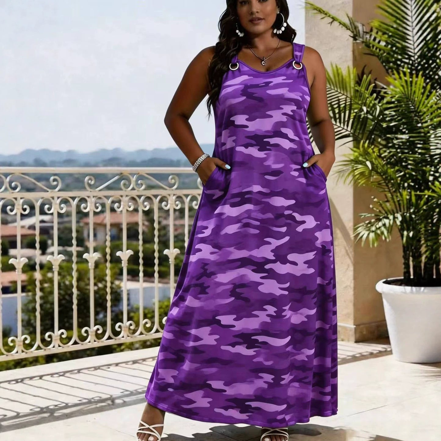 Women's Elegant Sleeveless Camouflage Print Maxi Dress