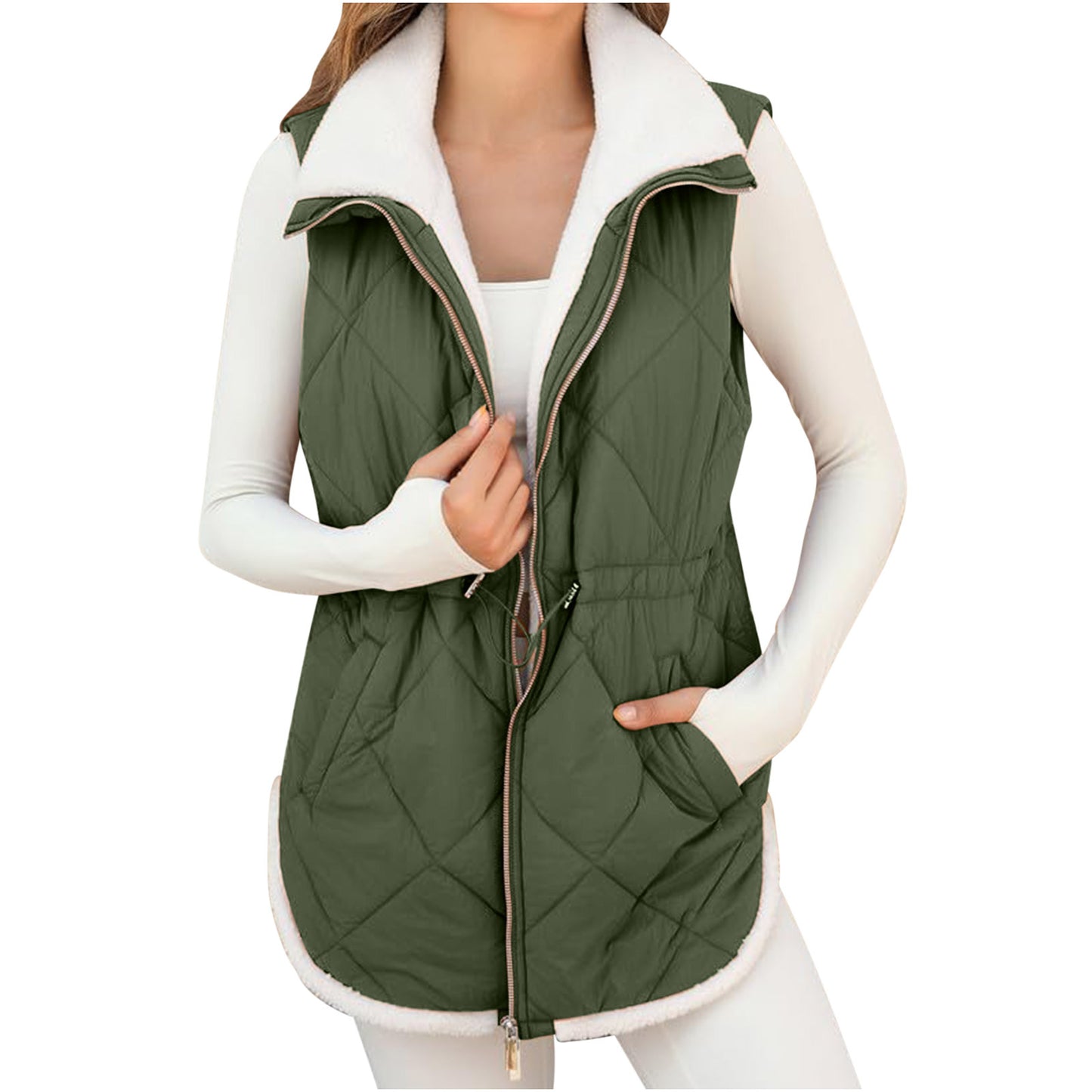 Women's Trendy With Plush Lining Pockets Drawstring Vests