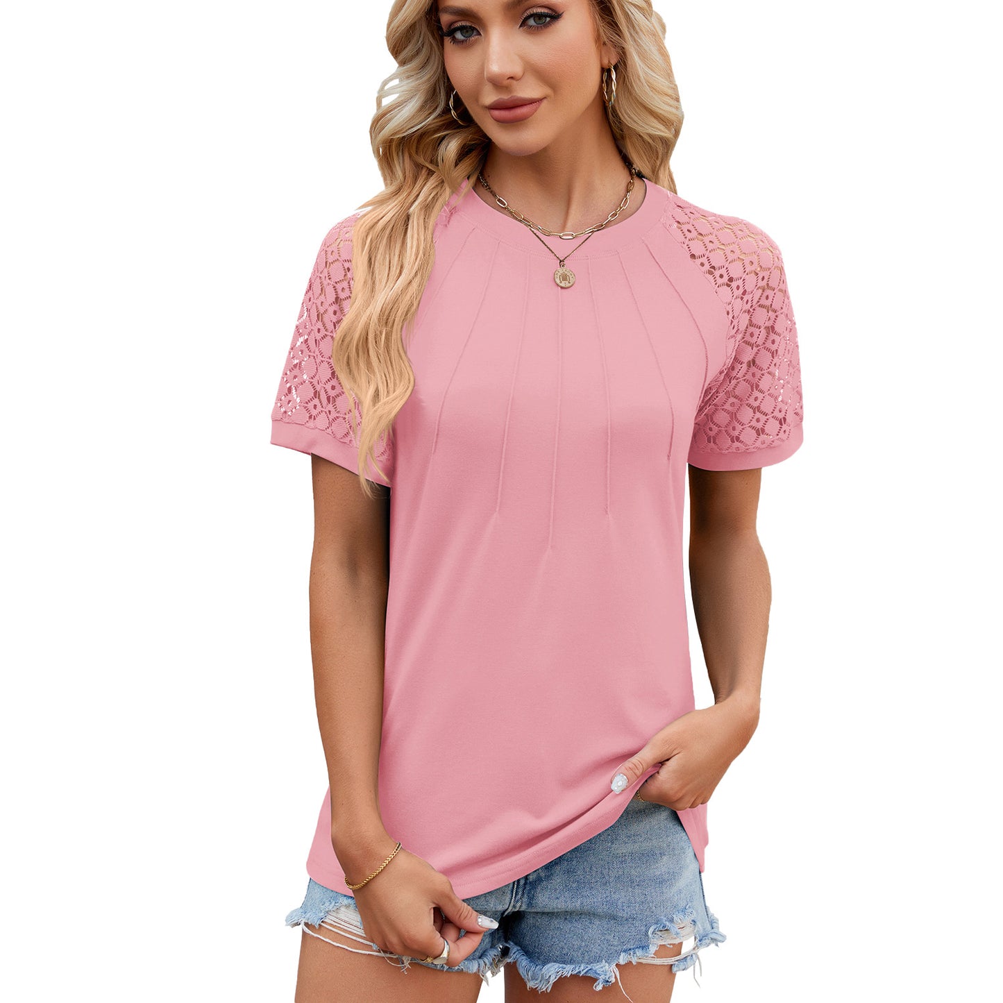 Women's Solid Color Round Neck Lace Patchwork Blouses