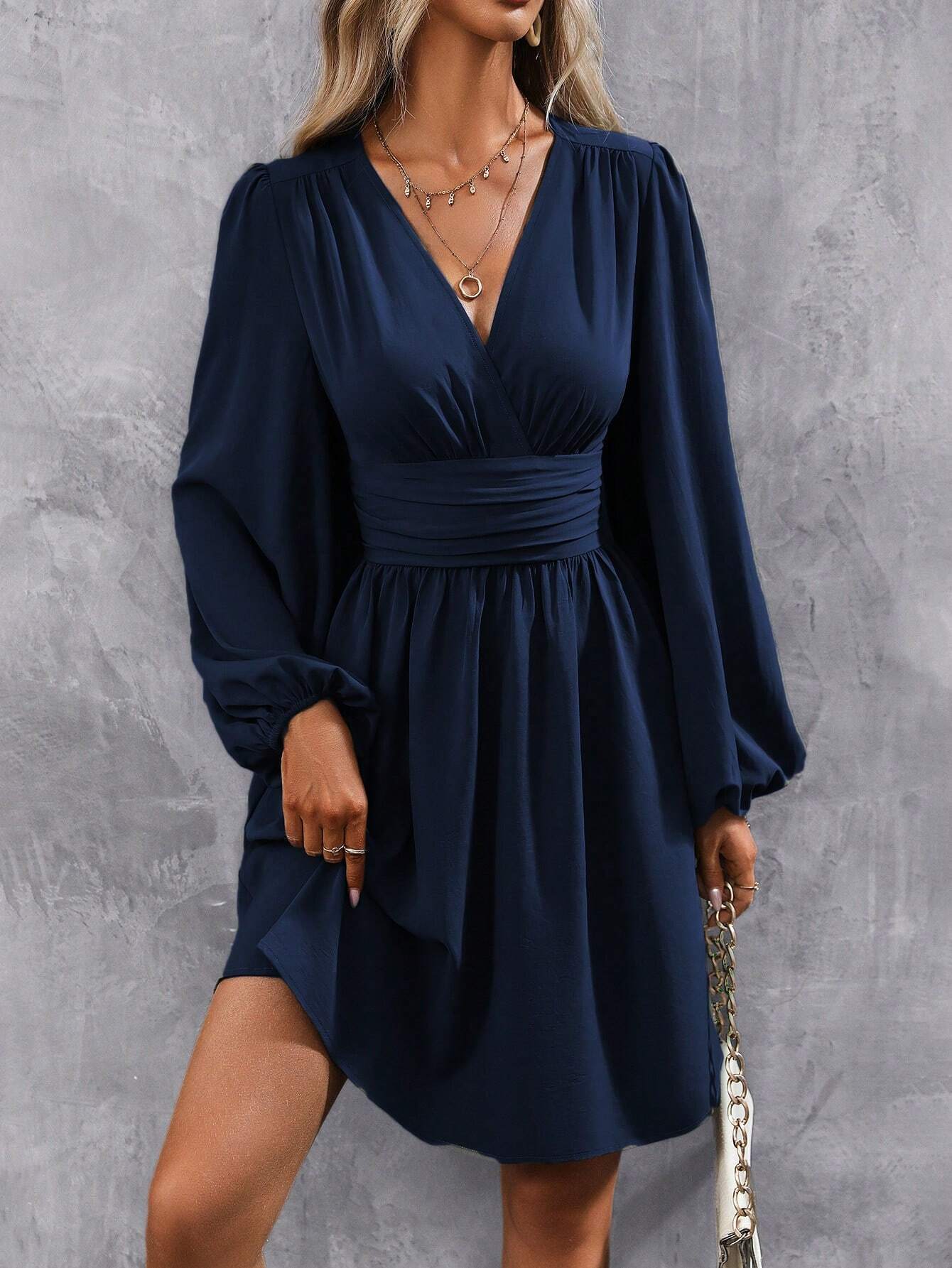 Diagonal Collar Lantern Sleeve Waist Pleated Dress