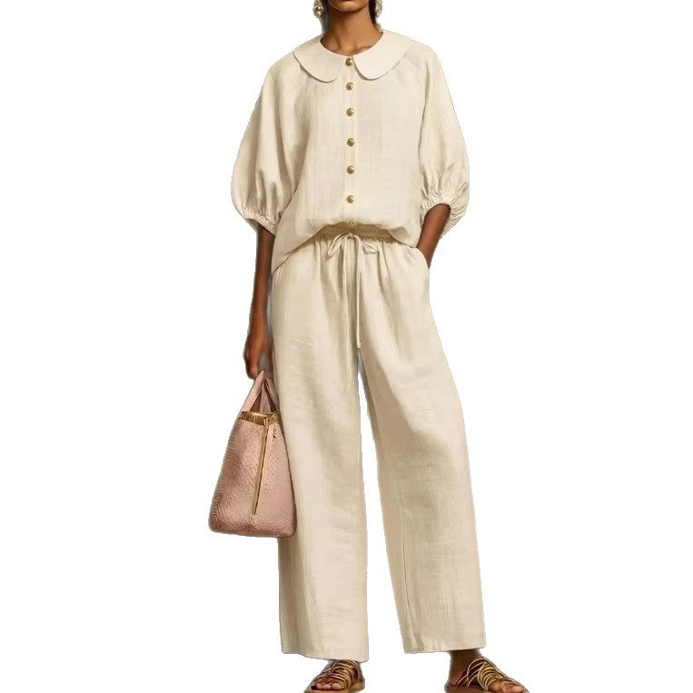 Women's Cotton Linen Lantern Sleeve Shirt Drawstring Fashion Casual Suit
