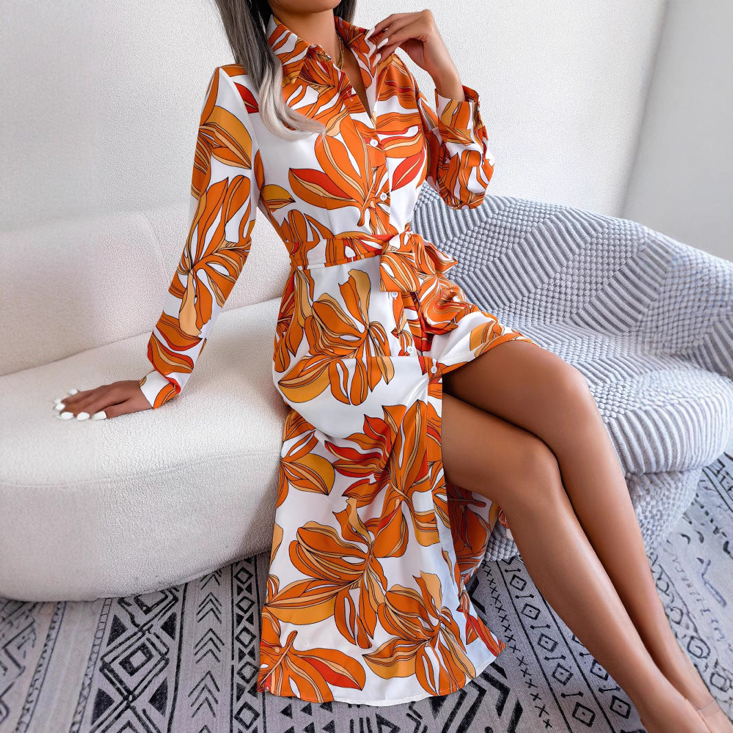 Women's Style Flower Lapel Tied Shirt Long Clothing