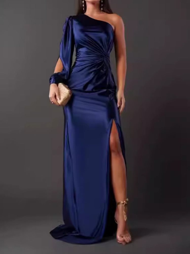 Women's Summer Diagonal Collar Raglan Sleeve Pleated Waist Tight Dresses
