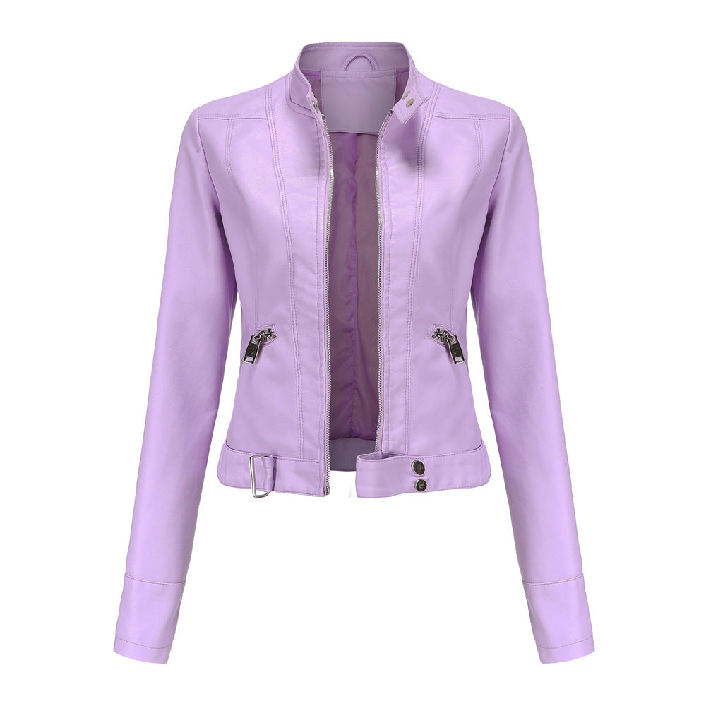 Women's Leather Stand Collar Lady Thin Jackets