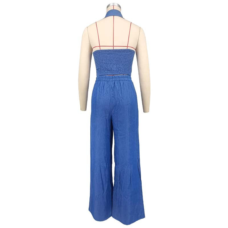 Women's Denim Halter Lapel Backless Loose Wide Suits