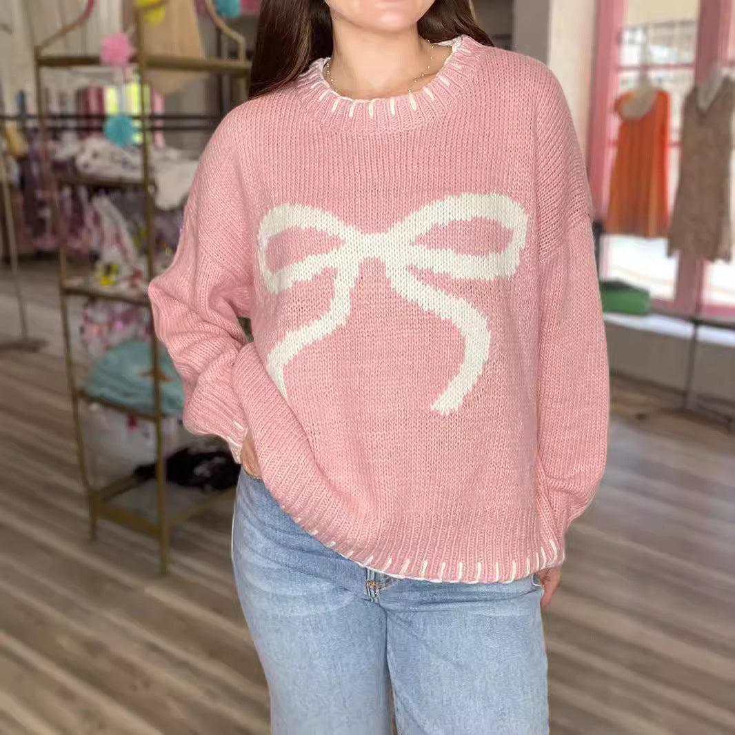 Women's Bow Brocade Idle Style Loose Warm Sweaters