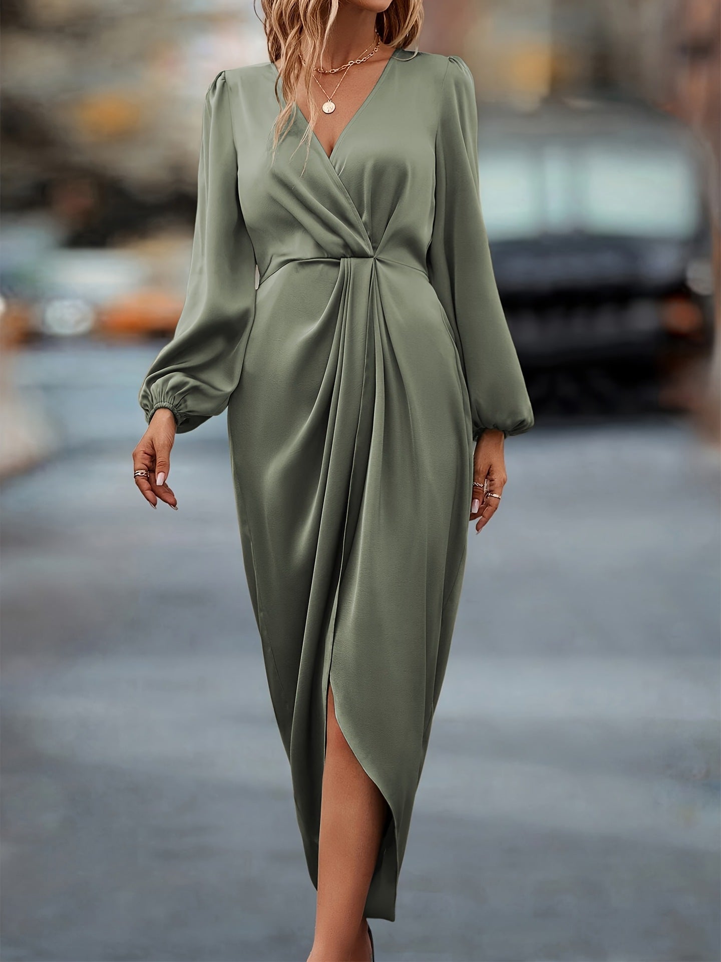 Women's Cross Collar Pleated Split Puff Sleeve Dresses