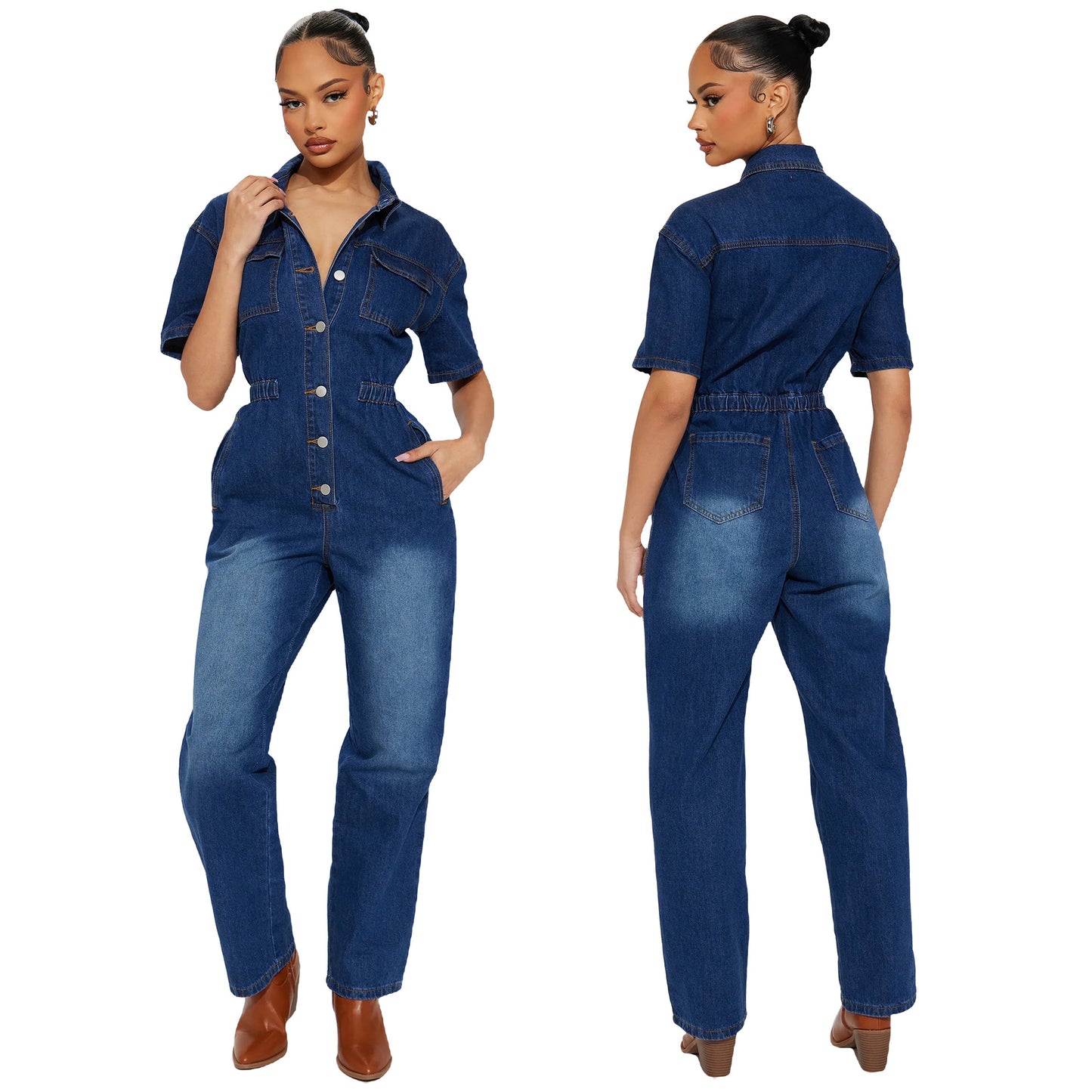 Stretch Short-sleeved Skinny Mouth Wash Denim Jumpsuits