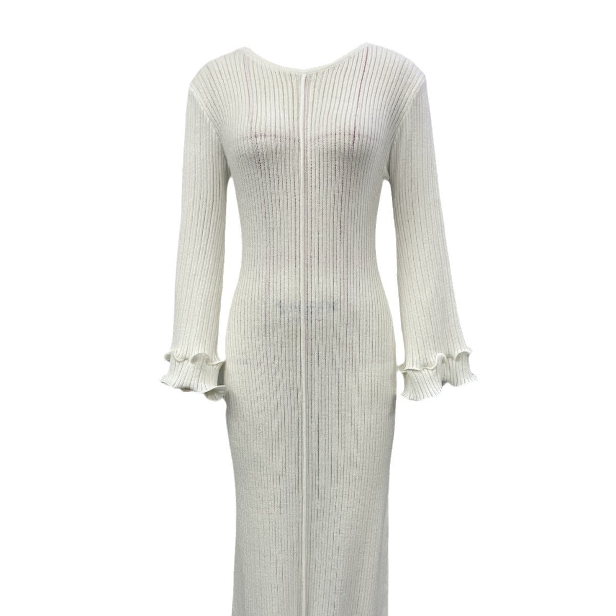 Women's Solid Color Round Neck Long Sleeve Slim Fit Stringy Dresses