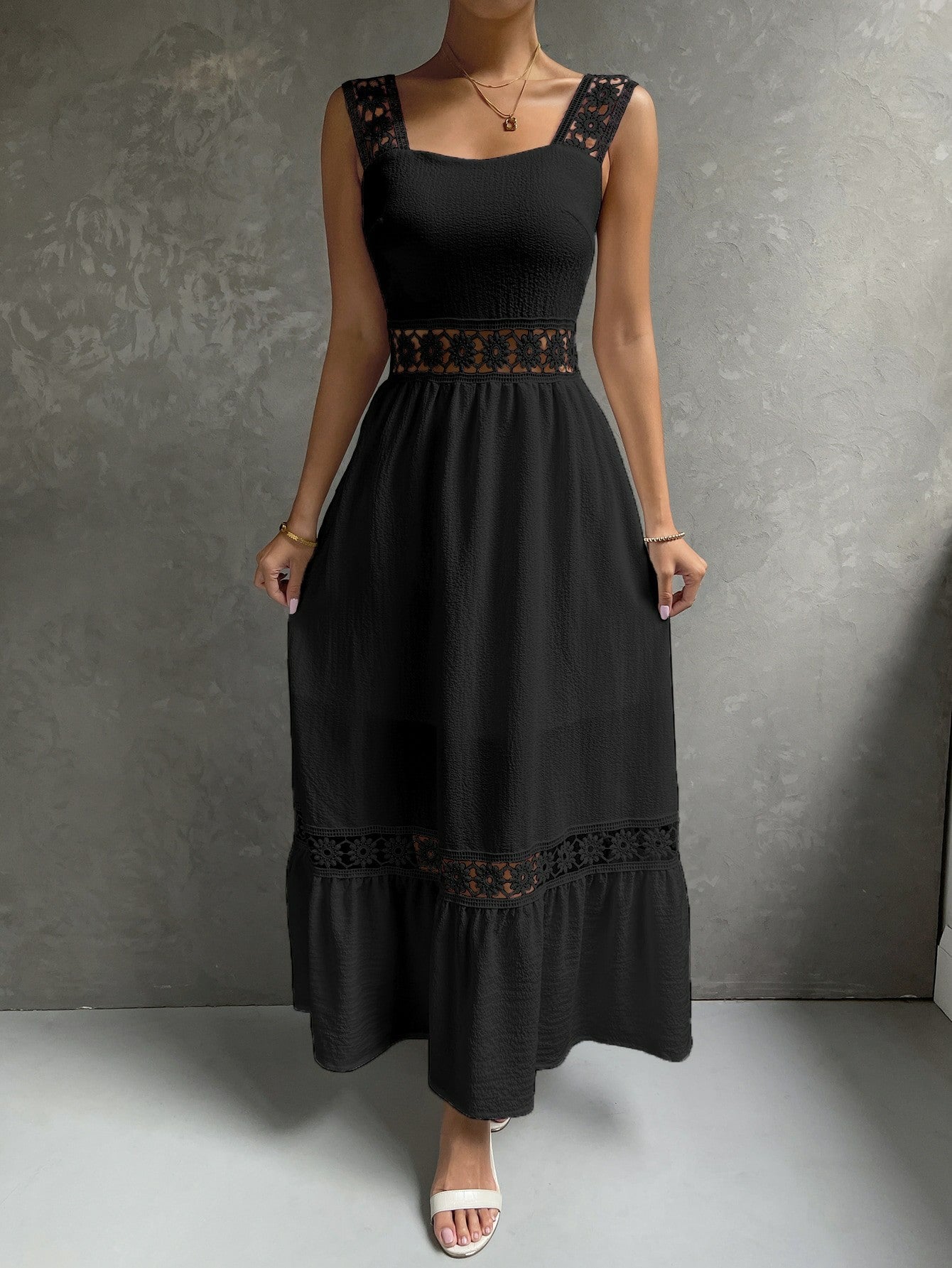 Lace Elegant Sling Slim Fit Patchwork Solid Color Dress
