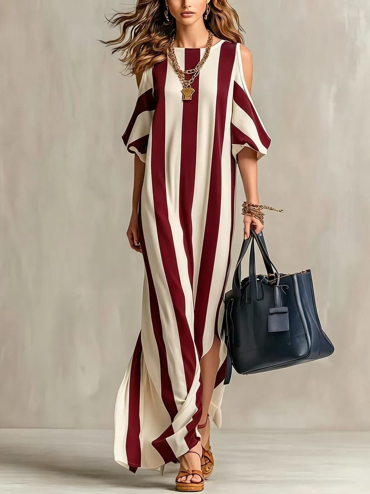 Shoulder Digging Loose Slimming Slit Holiday Long Style With Medium Dress