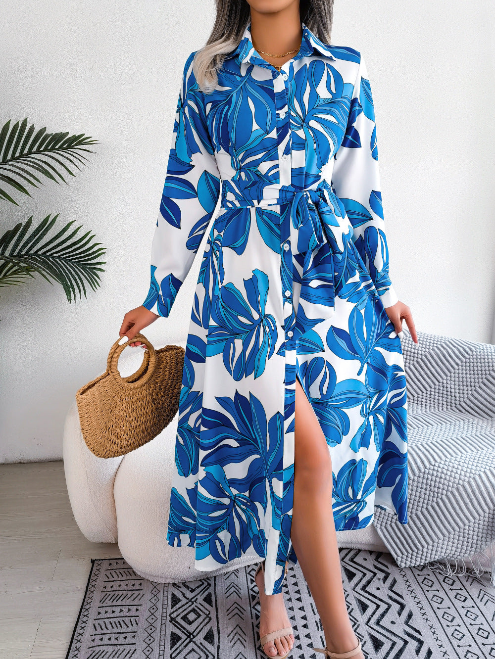 Women's Style Flower Lapel Tied Shirt Long Clothing