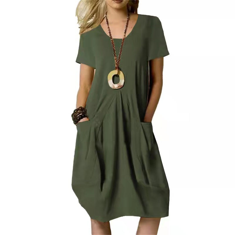Cotton Linen Solid Color Loose Round Dress