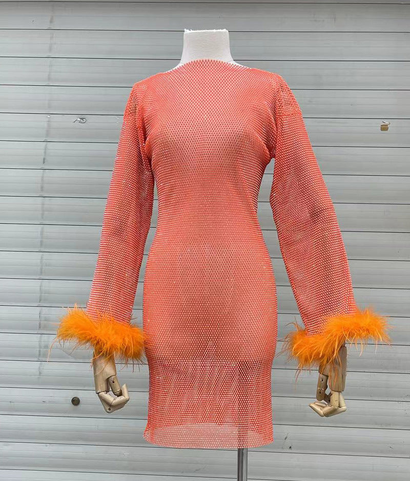 Fashion Luxury Hollow Mesh Ostrich Feather Slimming Bottoming Dress
