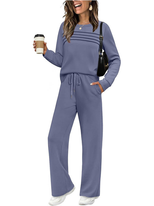 Women's Autumn Long Sleeve Round Neck Elastic Waist Trousers Fashion Casual Suit