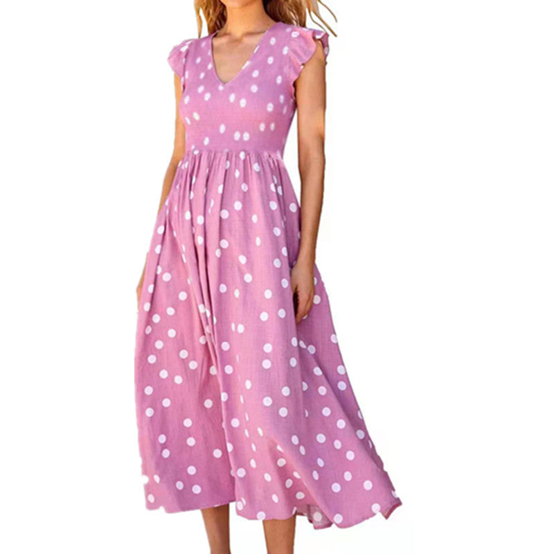 Women's Tight Waist Large Polka Dot Printed Dress