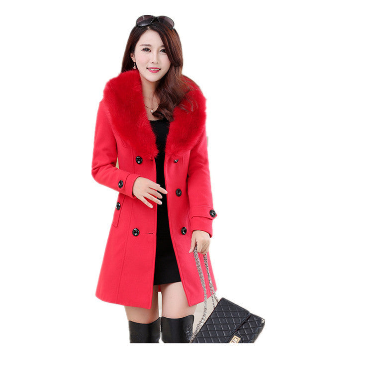 Women's Large Woolen Double-breasted Fur Collar Coats