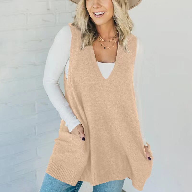 Trendy Classy Color Pocket Knitted Sleeveless Sweater